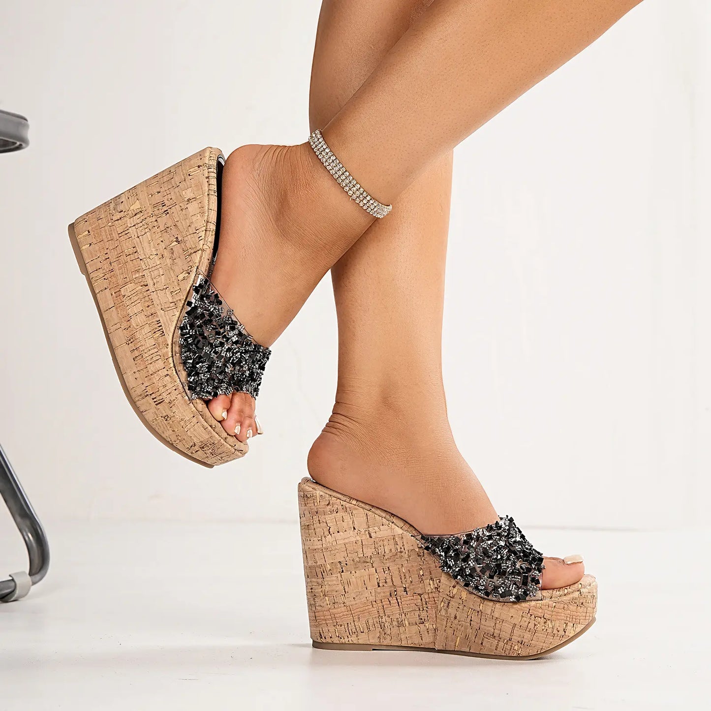 Clear Sparkly Glitter Platform Wedge Mule Sandals
