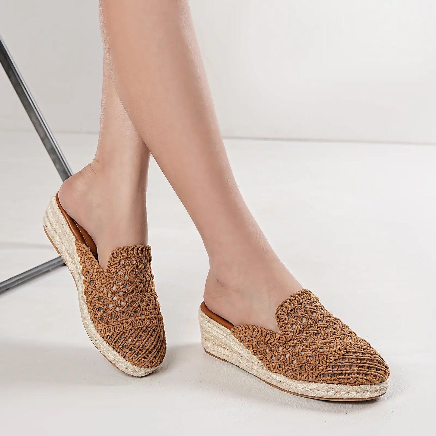 Crochet Espadrille Closed Toe Low Wedge Mule Sandals