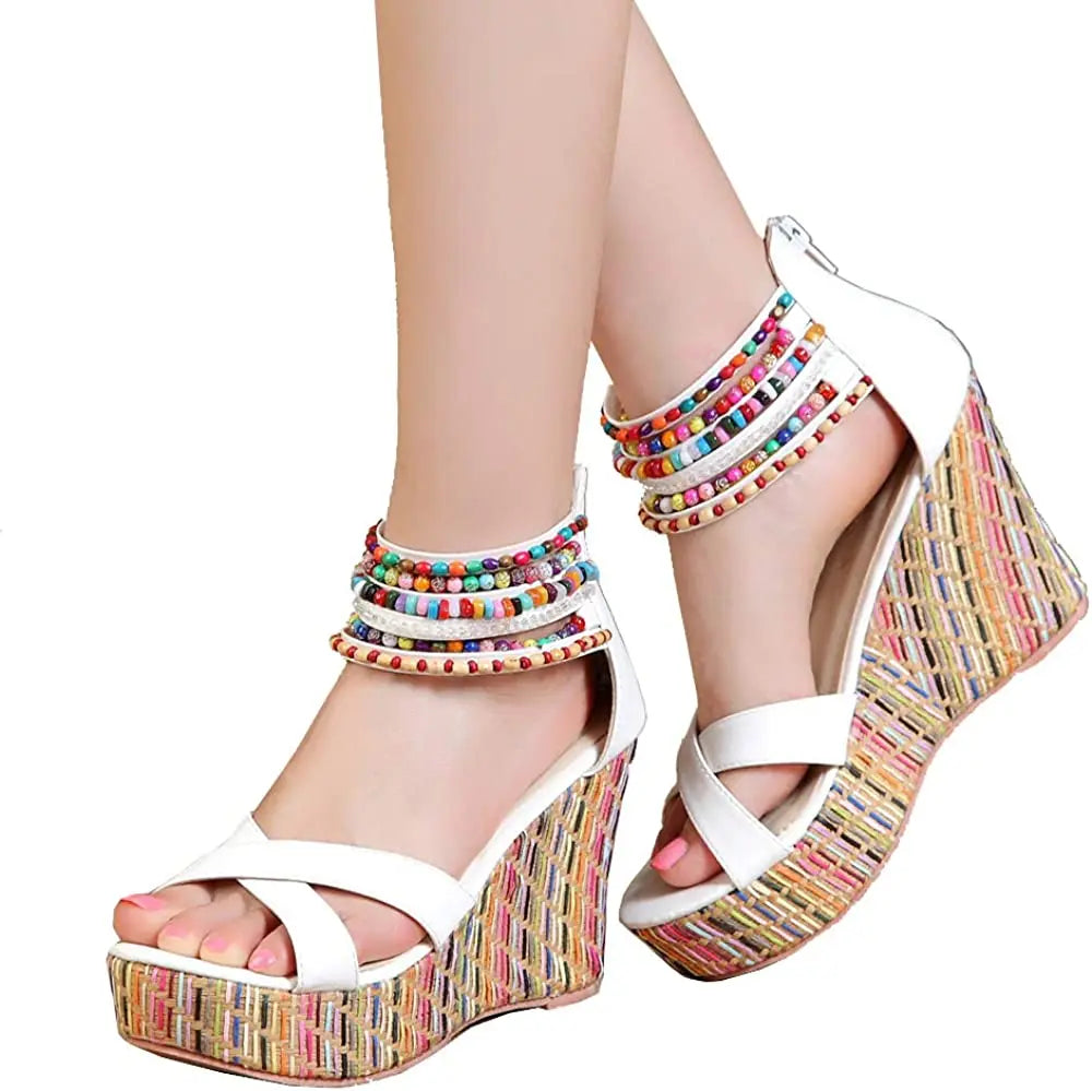 Boho Beaded Woven Wedge Sandals