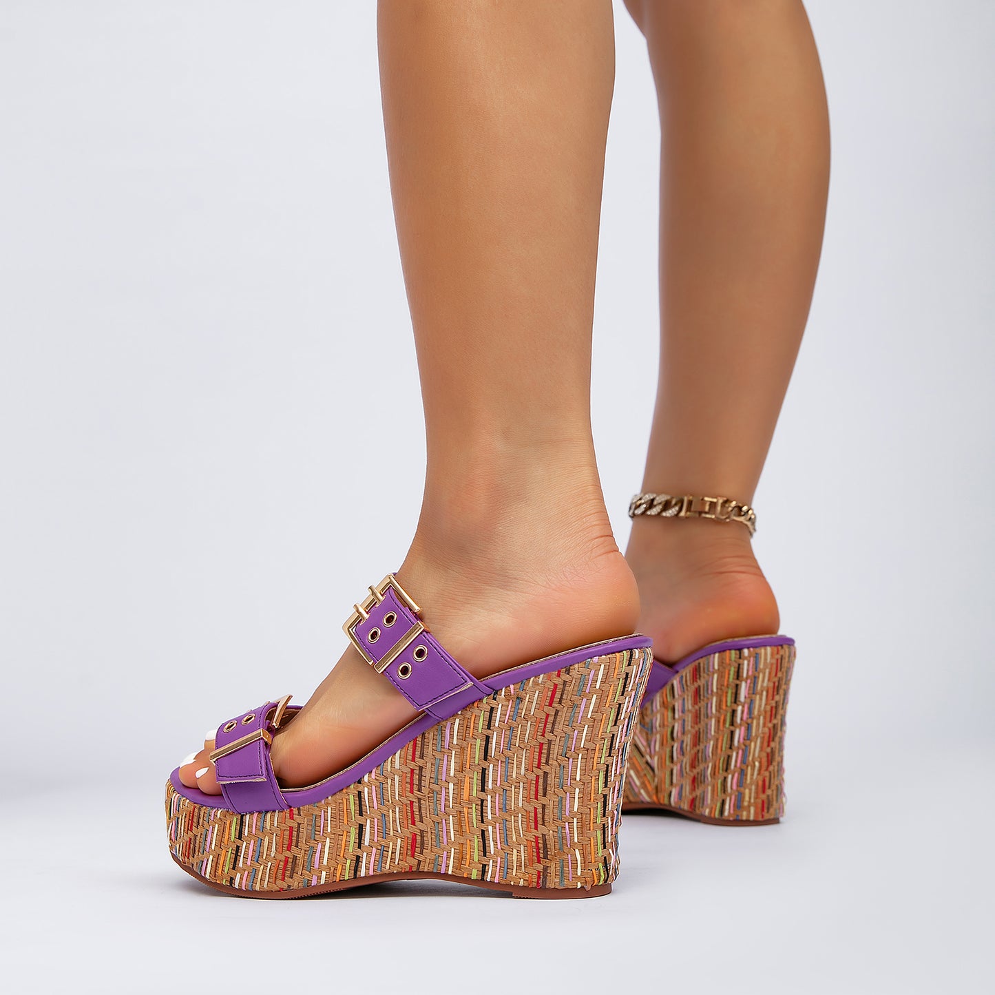 Double Buckle Woven Wedge Slides