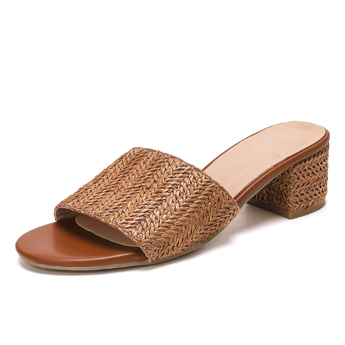 Woven Raffia Block Heel Slide Sandals