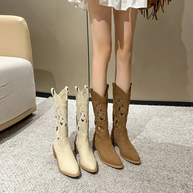Vintage Boho Cut-Out Faux Suede Western Boots