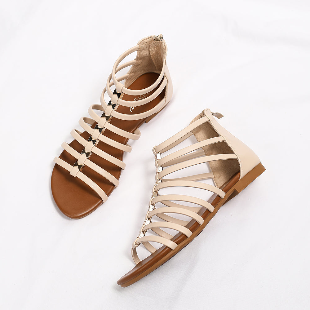 Retro Flat Caged Gladiator Sandals with Metal Bow Studs