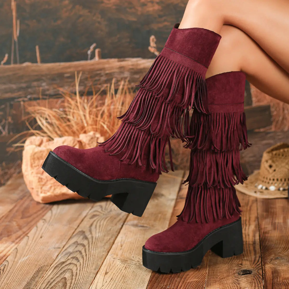 Boho Layered Fringe Platform Mid-Calf Boots