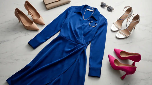 Royal blue dress with a nude heel, silver strappy sandal, and hot pink pump