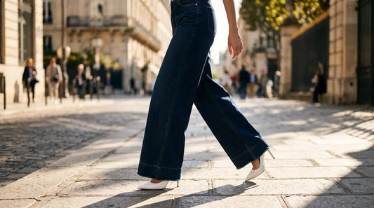 Editorial shot of wide-leg jeans with pointed-toe pumps