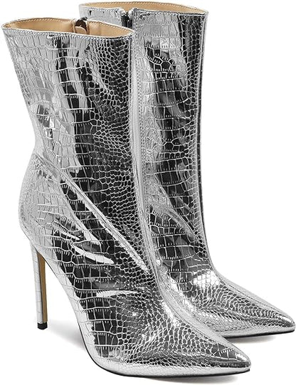 GetMoreBeauty Women's High Heel Ankle Boots - Sexy Pointed Toe Mid Calf with Side Zipper