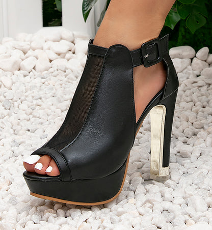 Mesh Cut-Out Platform Metallic Block Heel Booties