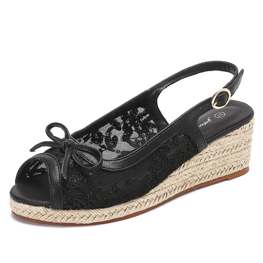 Lace Bow Slingback Espadrille Wedges