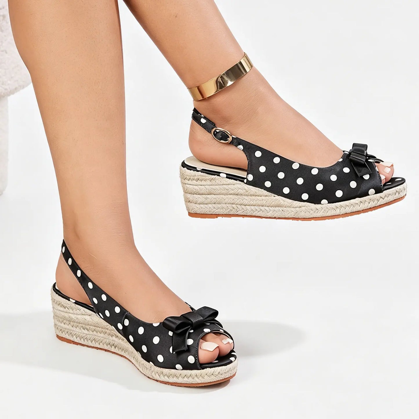 Vintage Polka Dot Bowknot Espadrille Wedge Sandals