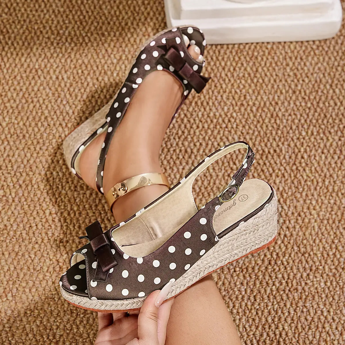 Vintage Polka Dot Bowknot Espadrille Wedge Sandals