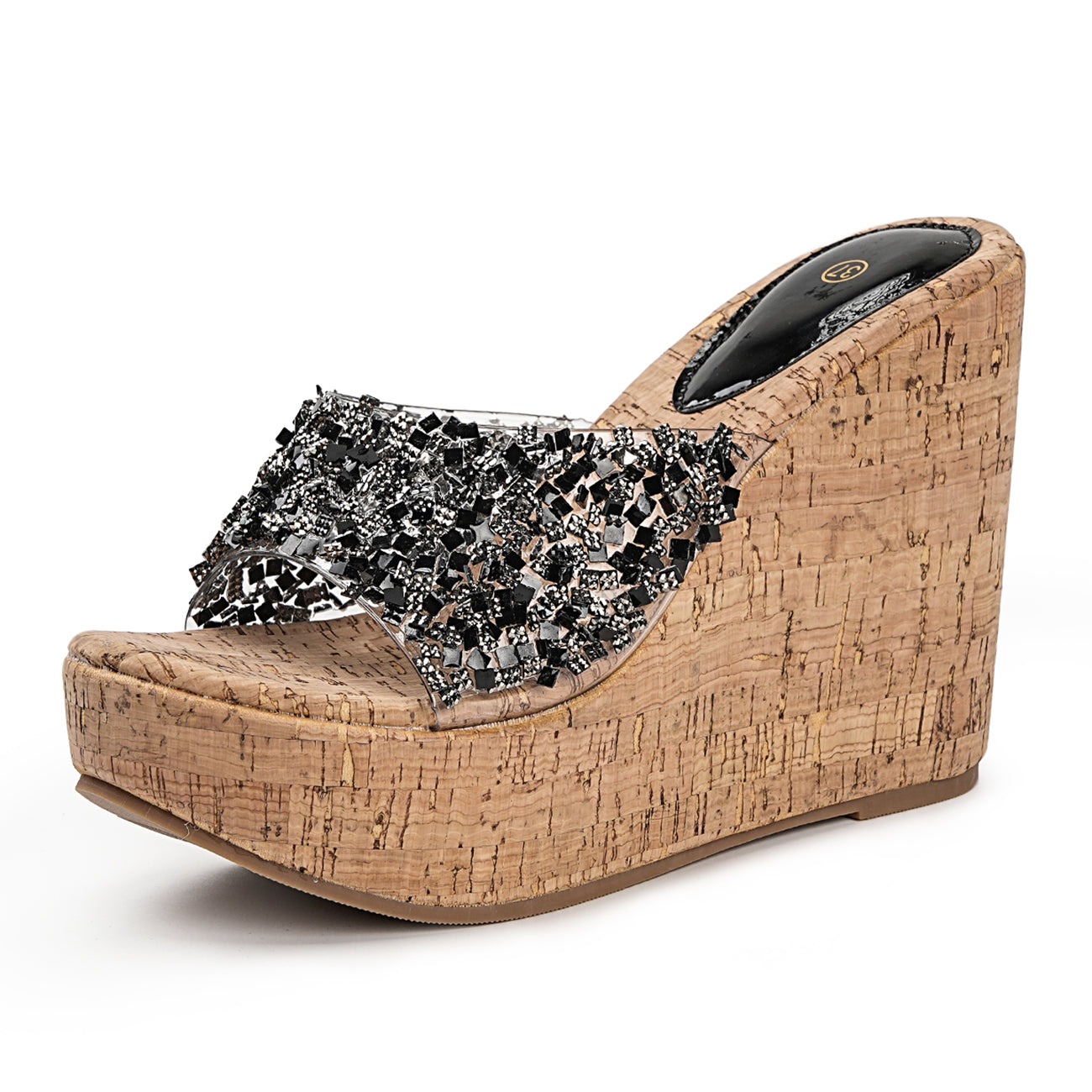 Clear Sparkly Glitter Platform Wedge Mule Sandals