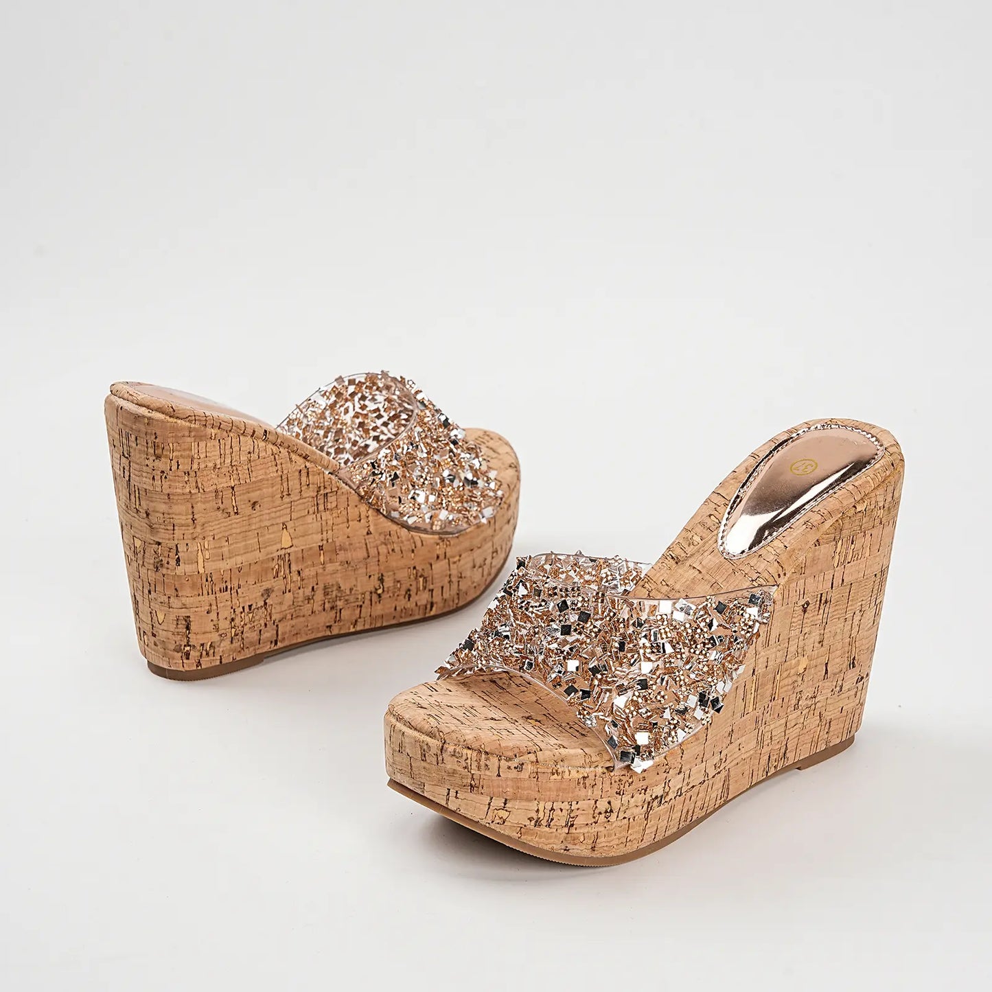 Clear Sparkly Glitter Platform Wedge Mule Sandals