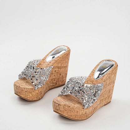 Clear Sparkly Glitter Platform Wedge Mule Sandals