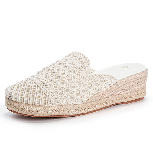 Crochet Espadrille Closed Toe Low Wedge Mule Sandals