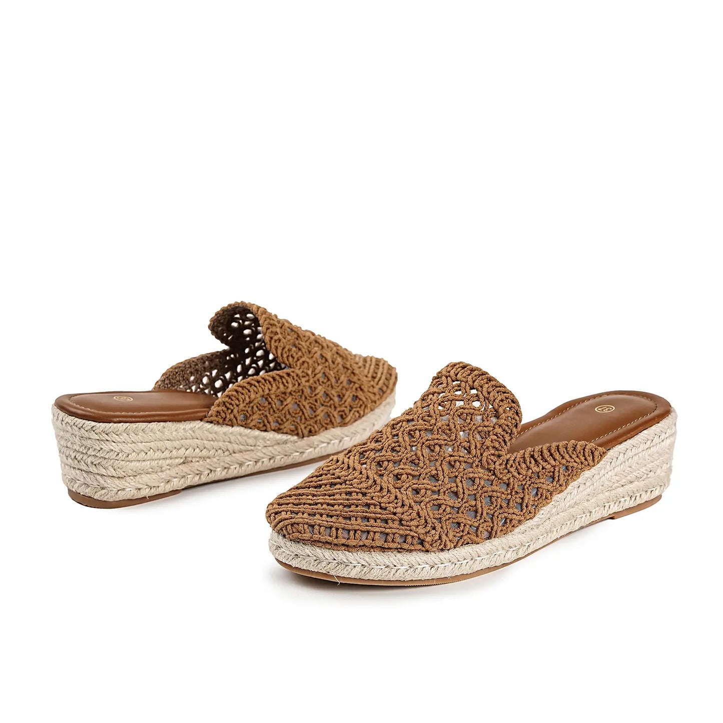 Crochet Espadrille Closed Toe Low Wedge Mule Sandals