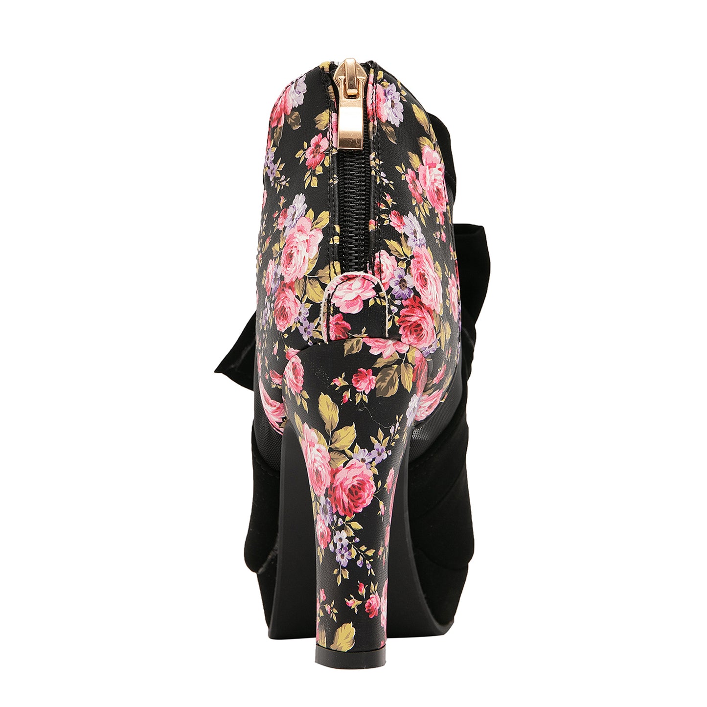 Retro Floral Mesh Bow Block Heels