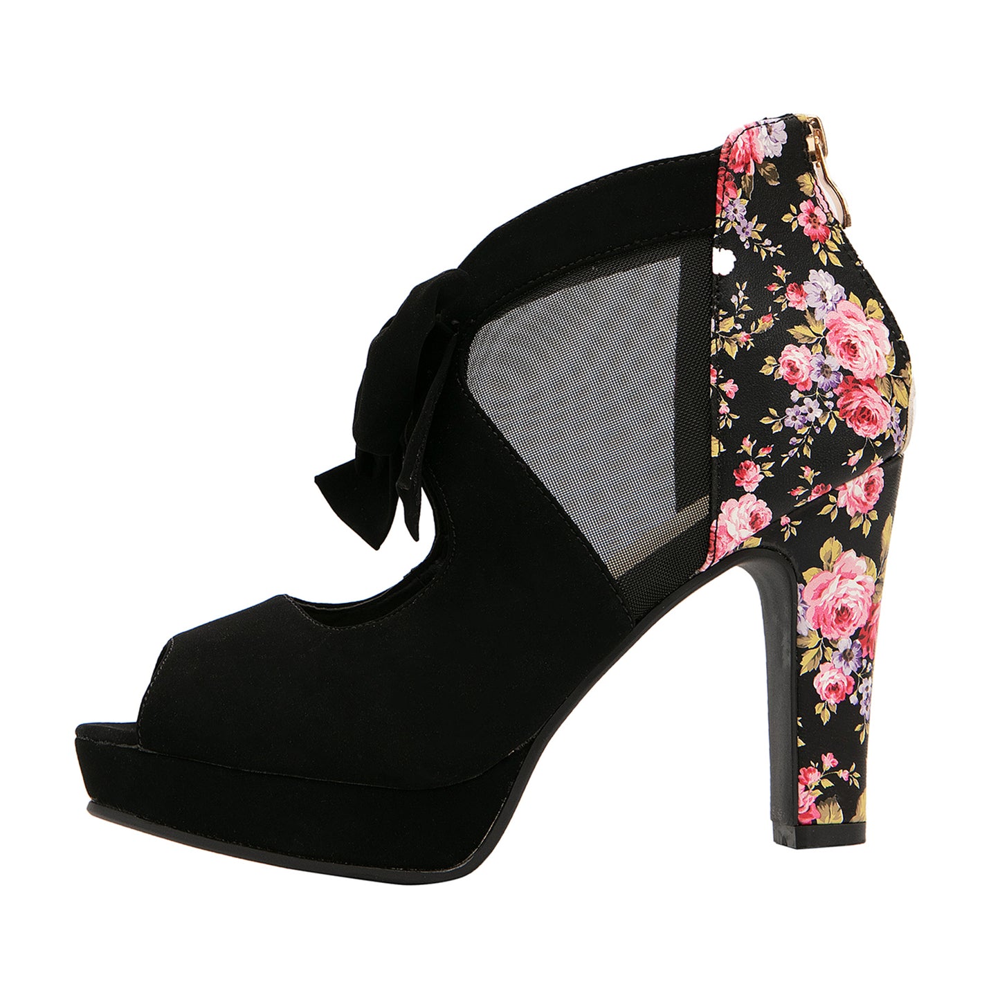 Retro Floral Mesh Bow Block Heels