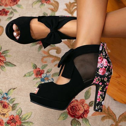 Retro Floral Mesh Bow Block Heels