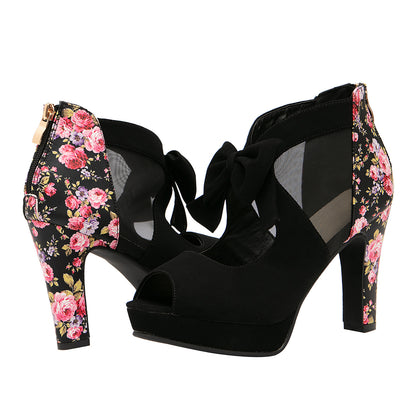 Retro Floral Mesh Bow Block Heels
