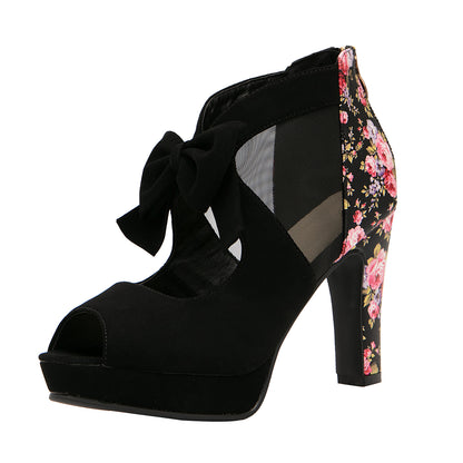 Retro Floral Mesh Bow Block Heels