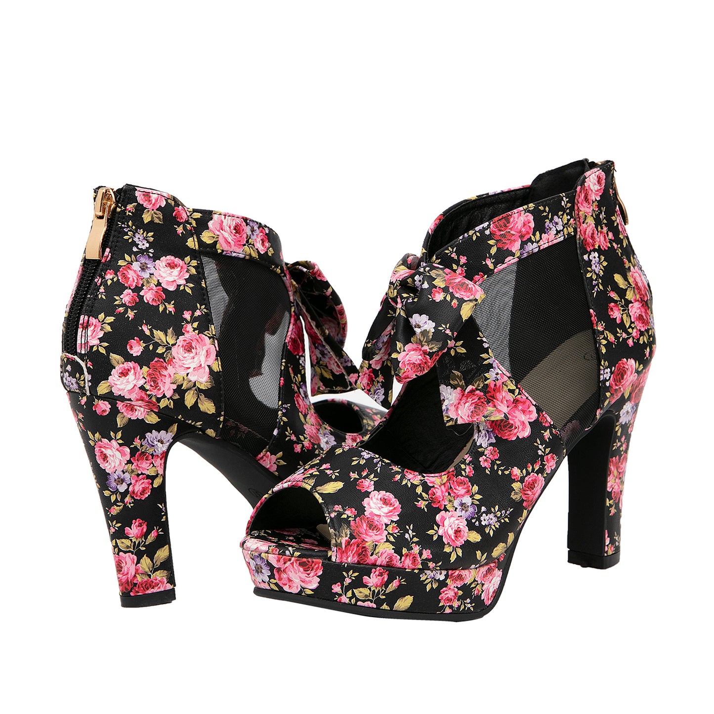 Retro Floral Mesh Bow Block Heels