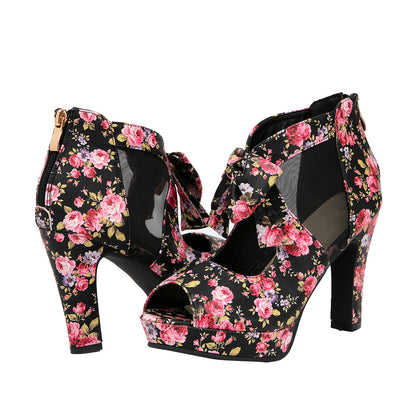 Retro Floral Mesh Bow Block Heels