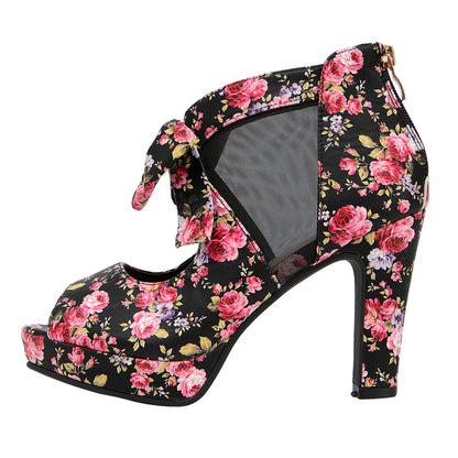 Retro Floral Mesh Bow Block Heels