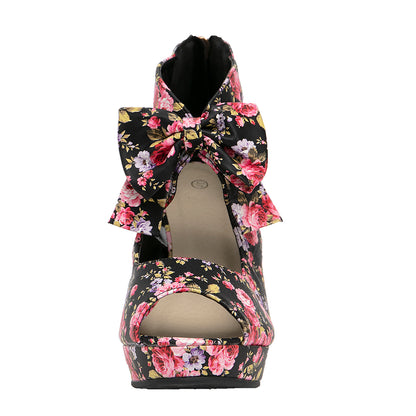 Retro Floral Mesh Bow Block Heels