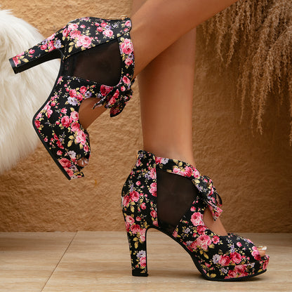 Retro Floral Mesh Bow Block Heels