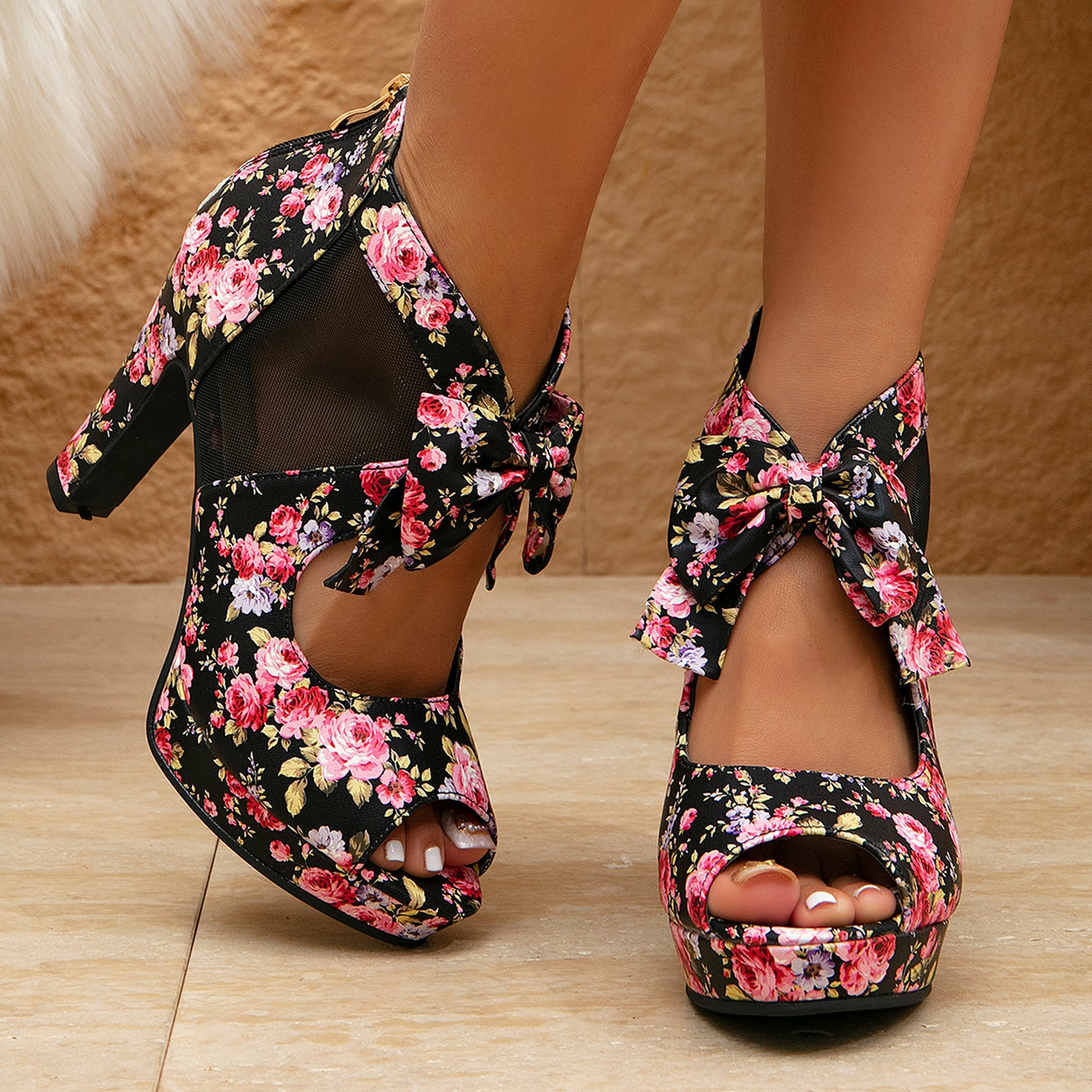 Retro Floral Mesh Bow Block Heels