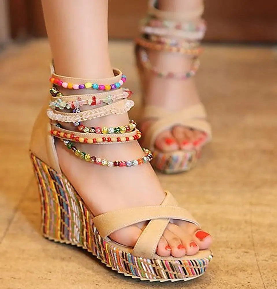Boho Beaded Woven Wedge Sandals