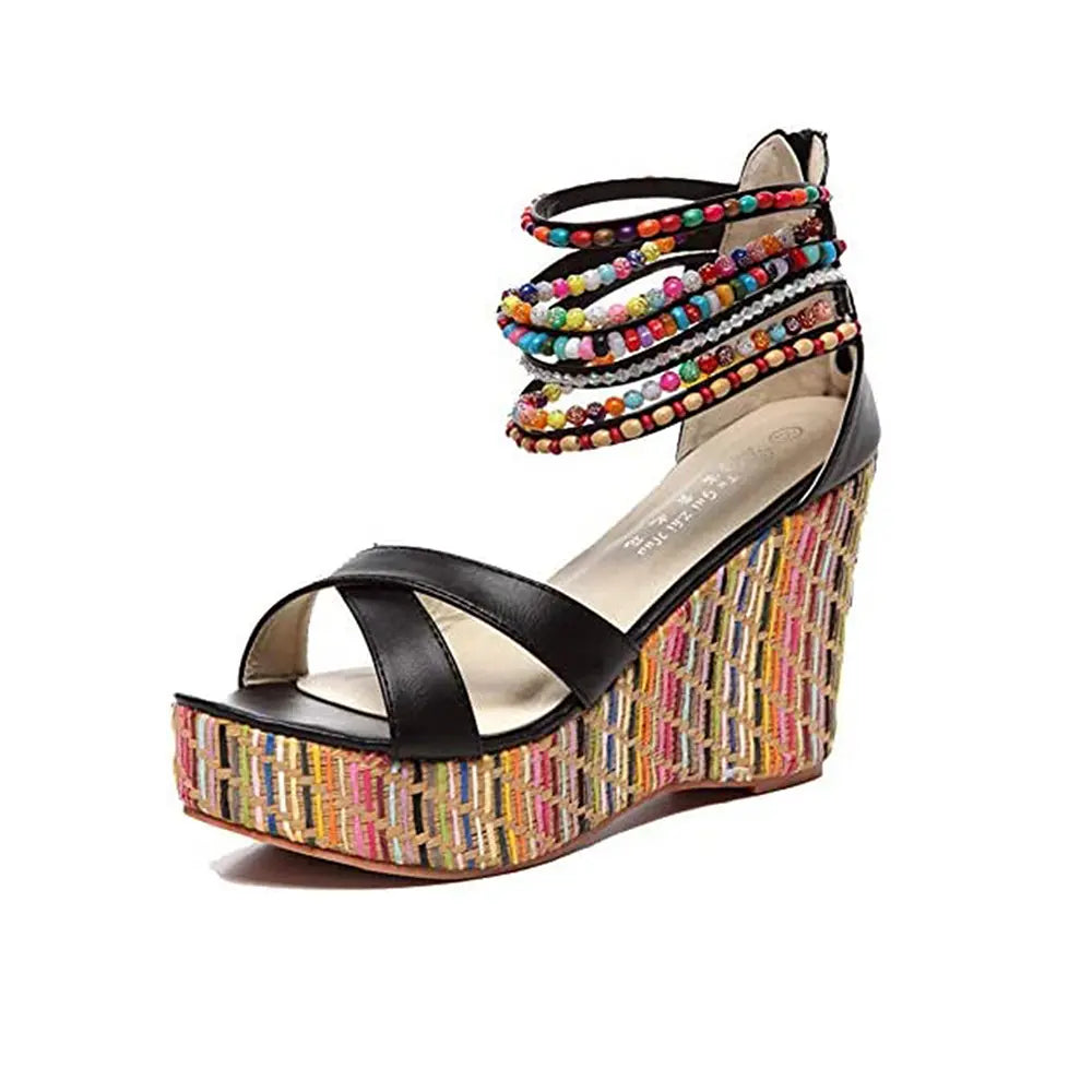 Boho Beaded Woven Wedge Sandals