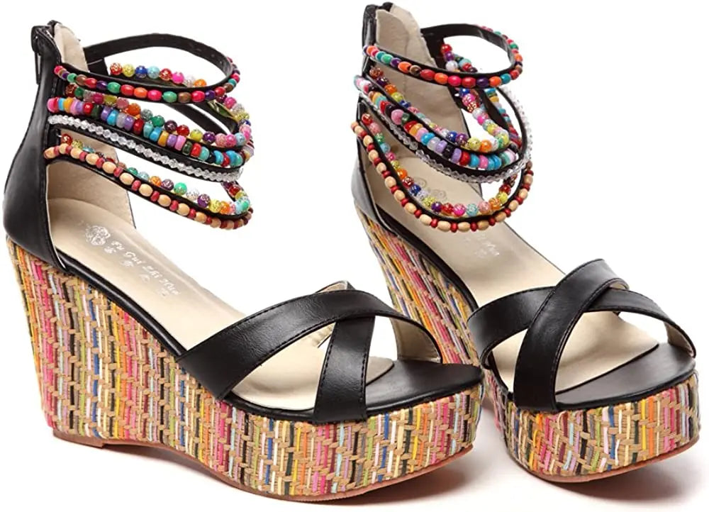Boho Beaded Woven Wedge Sandals