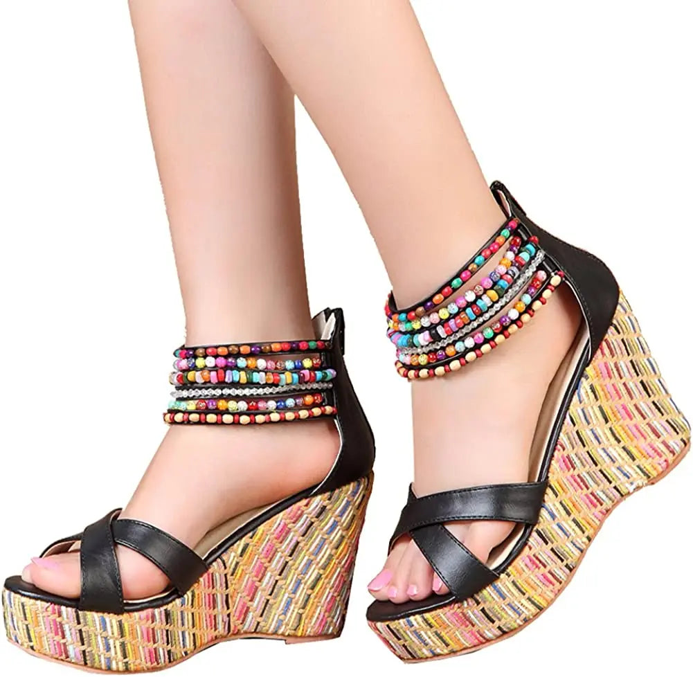 Boho Beaded Woven Wedge Sandals