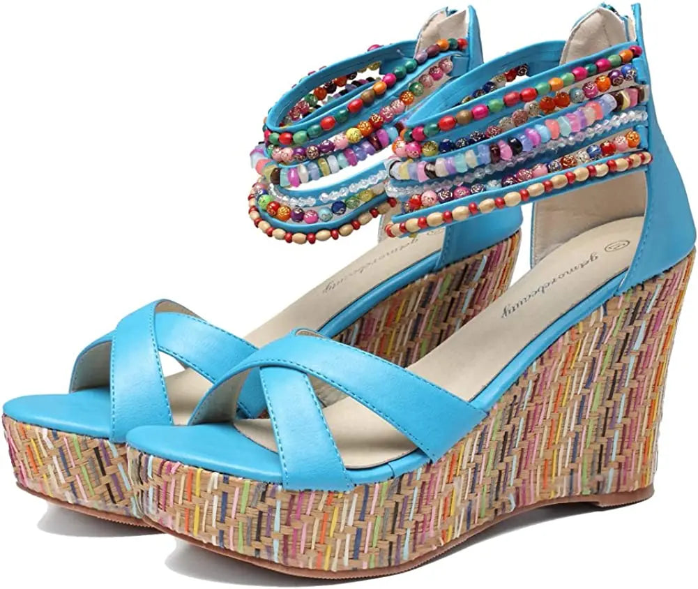 Boho Beaded Woven Wedge Sandals