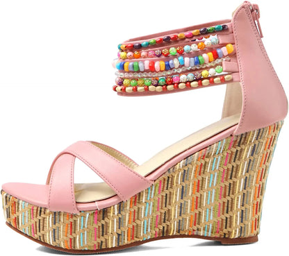 Boho Beaded Woven Wedge Sandals