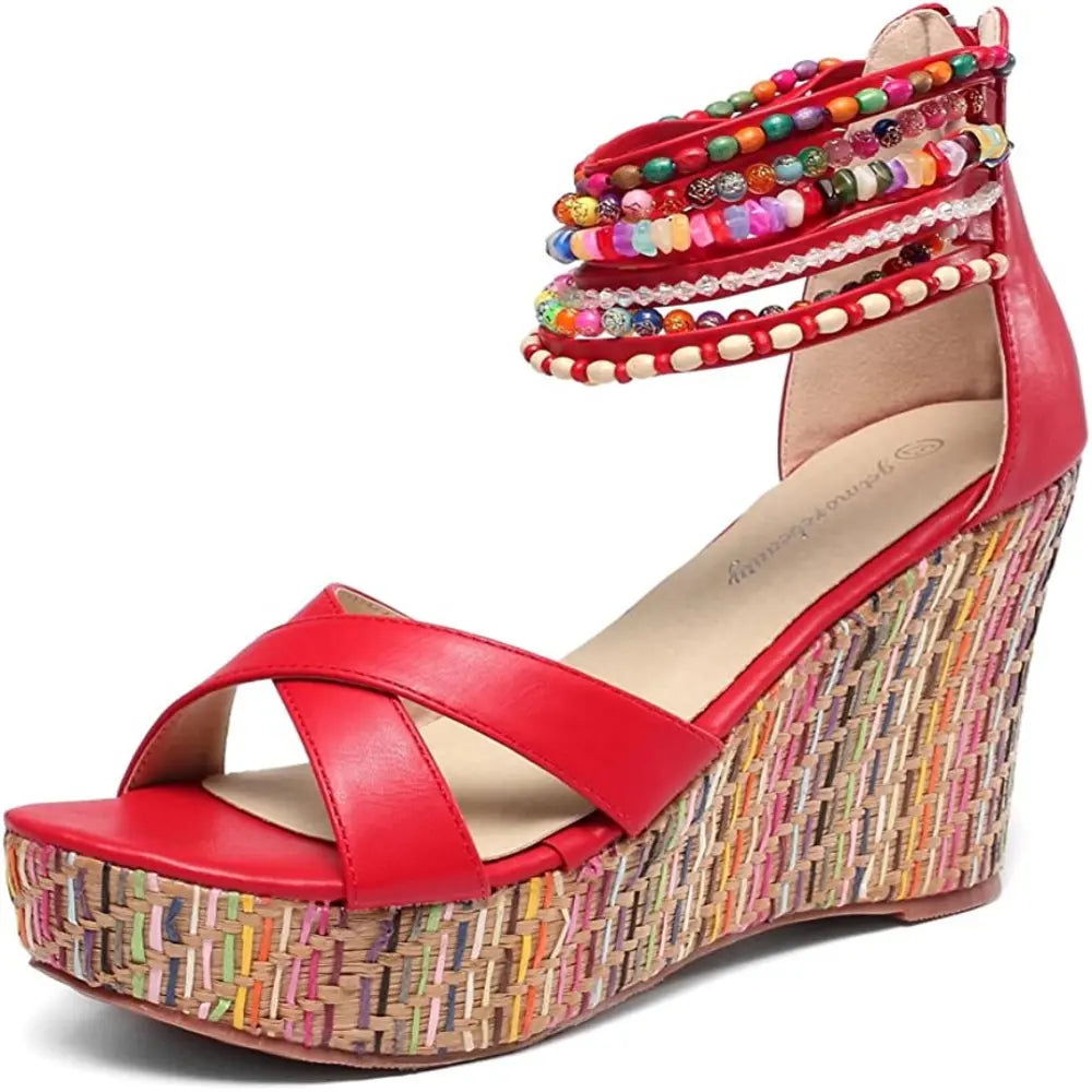Boho Beaded Woven Wedge Sandals