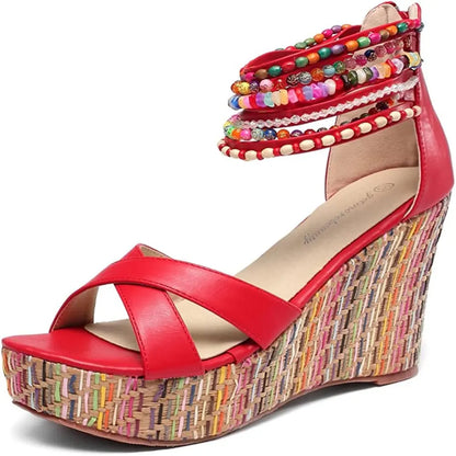 Boho Beaded Woven Wedge Sandals