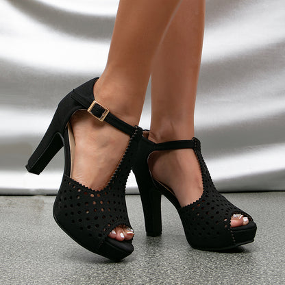 Vintage Laser-Cut Suede T-Strap Peep Toe Heels