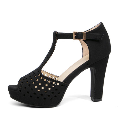 Vintage Laser-Cut Suede T-Strap Peep Toe Heels
