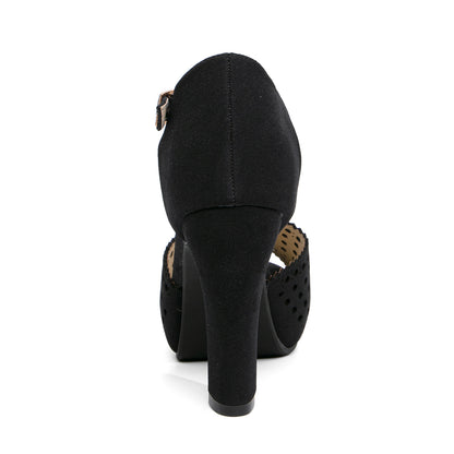 Vintage Laser-Cut Suede T-Strap Peep Toe Heels