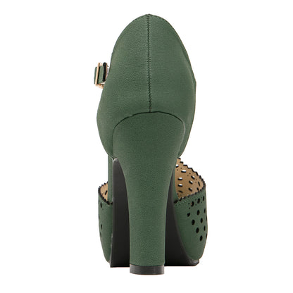 Vintage Laser-Cut Suede T-Strap Peep Toe Heels