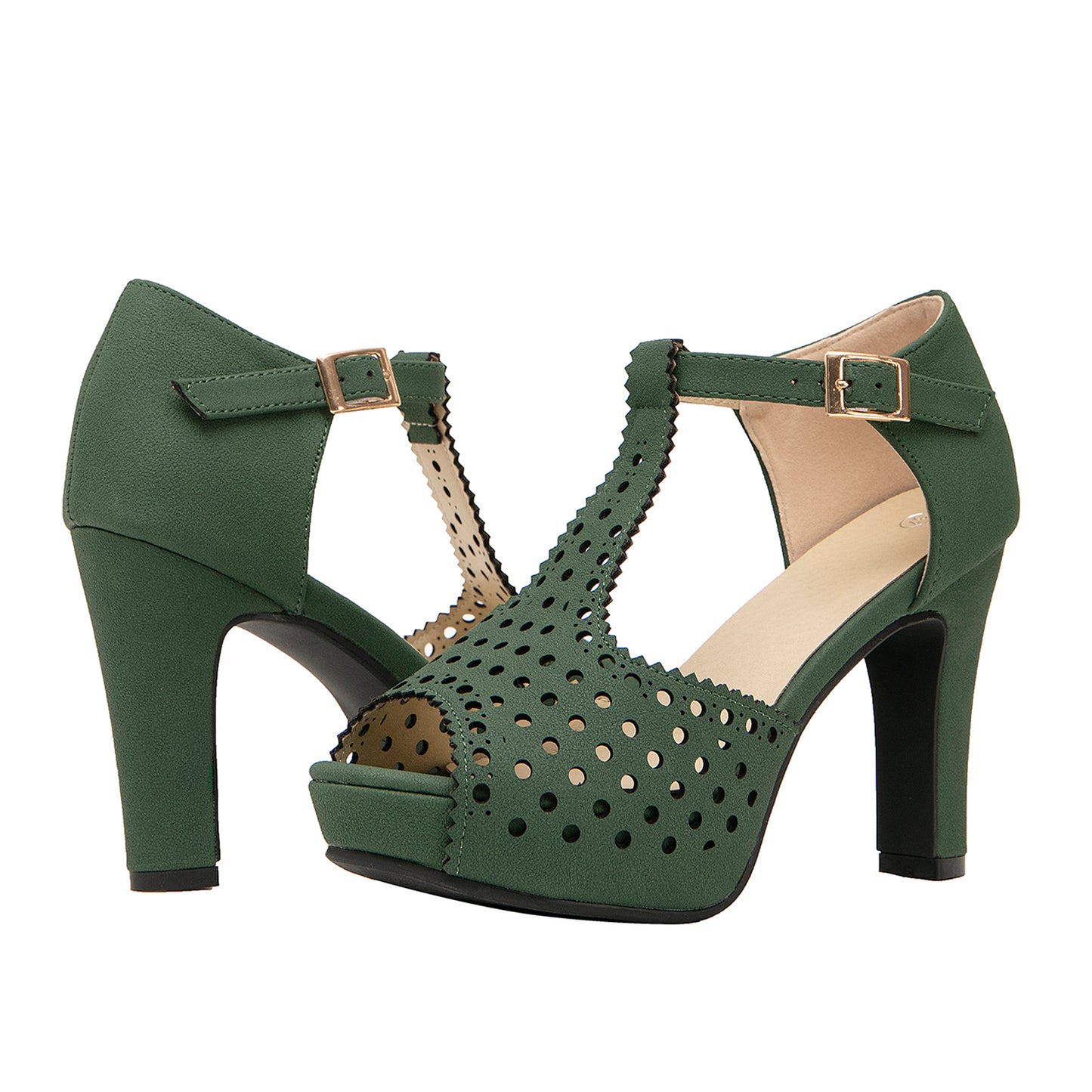 Vintage Laser-Cut Suede T-Strap Peep Toe Heels