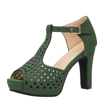 Vintage Laser-Cut Suede T-Strap Peep Toe Heels
