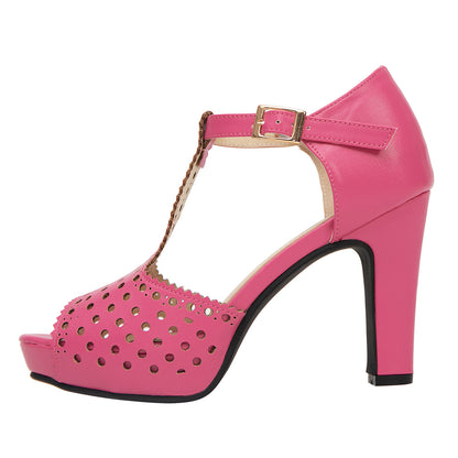 Vintage Laser-Cut Suede T-Strap Peep Toe Heels