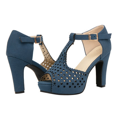 Vintage Laser-Cut Suede T-Strap Peep Toe Heels
