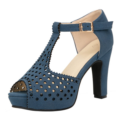 Vintage Laser-Cut Suede T-Strap Peep Toe Heels
