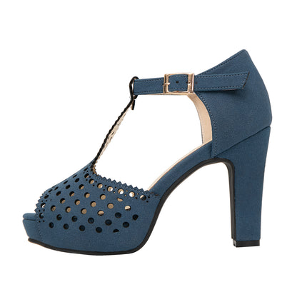Vintage Laser-Cut Suede T-Strap Peep Toe Heels