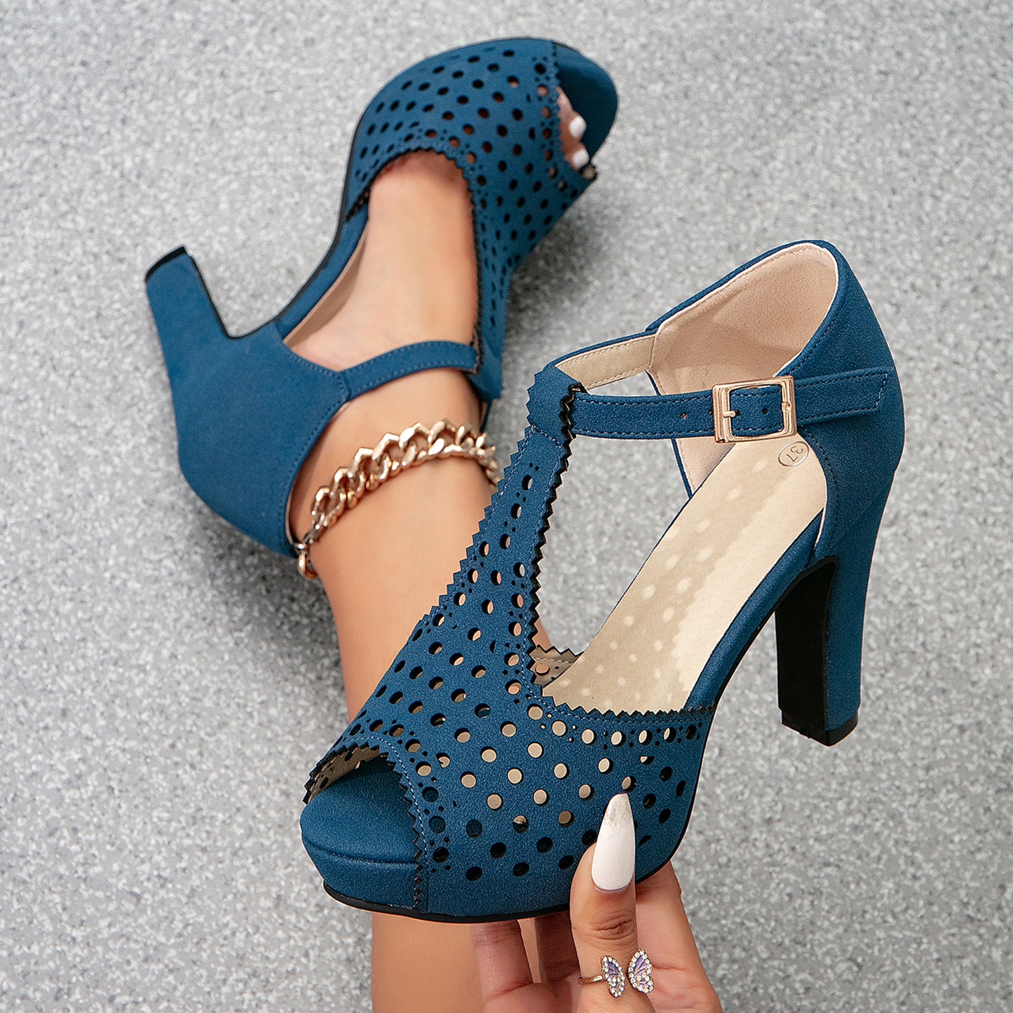 Vintage Laser-Cut Suede T-Strap Peep Toe Heels